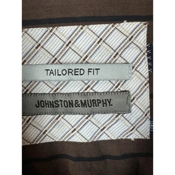 Johnston & Murphy Shirt Mens Medium Brown Blue Striped Tailored Fit Long Sleeve